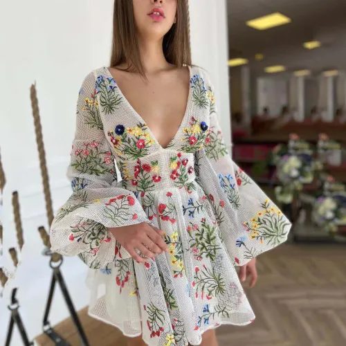 Summer New Cross border Women's Wear Mesh Embroidery Design Sense Lantern Sleeves Fairy Dress Birthday Party Dress