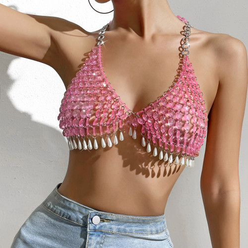 Fashionable European and American Instagram Hot selling Pink Gem Pearl Sexy Hanging Neck Strap Open Back Women's Vest