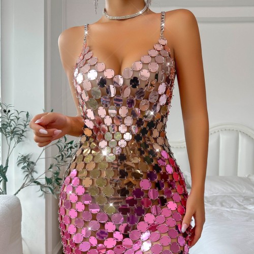 Acrylic Europe and America 2023 Amazon Hot Selling Sexy Nightclub Pure Handmade Splicing Solid Color Dress