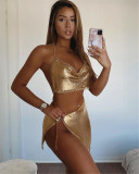 New European Station High Quality Fashion Women's Nightclub Low cut Backless Metal Sequin Lace up Skirt