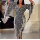 Summer new European and American women's clothing Amazon dress sequined irregular long sleeved tassels deep V-shaped sexy dress