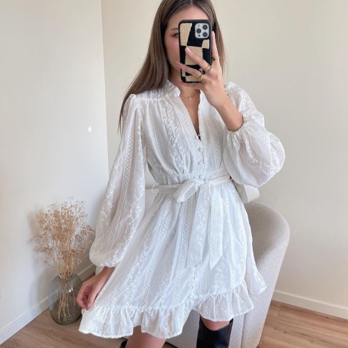 Autumn cross-border new European and American women's dress V-neck long sleeved solid color sweet lace up ruffle edge short skirt