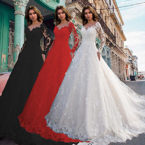 New European and American Women's Amazon Dress Long sleeved Solid Color Perspective Lace Bridal Wedding Dress