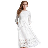 European and American foreign trade autumn new women's dress with round neck hollowed out minimalist lace long sleeved slim fit mid length skirt