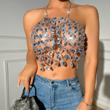 Cross border popular women's clothing on AliExpress in Europe and America, sexy hollowed out gemstone neck hanging, backless suspender top
