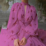 YX2024 New Multi Color Large Quantity in Stock Half High Collar Sequin Split Lantern Sleeves Large Swing Dress Chiffon Dress