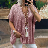 New European and American Amazon short sleeved urban casual color loose fitting pullover sequin V-neck T-shirt top for women