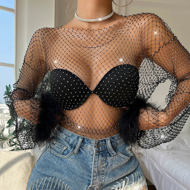Fishing Net Women's Cross border Amazon New Flash Diamond Mesh Hollow Long sleeved Women's T-shirt Top