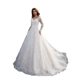 New European and American Women's Amazon Dress Long sleeved Solid Color Perspective Lace Bridal Wedding Dress