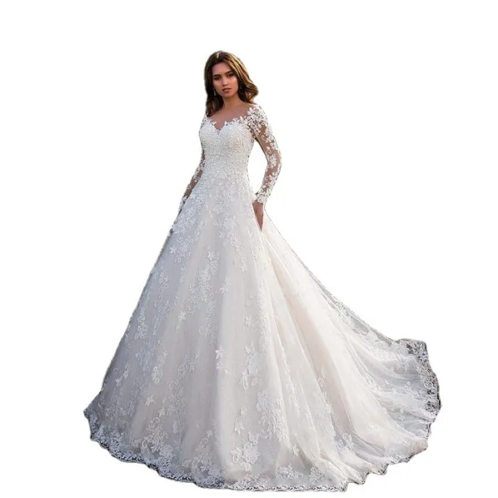 New European and American Women's Amazon Dress Long sleeved Solid Color Perspective Lace Bridal Wedding Dress