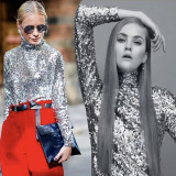 Cross border New European and American Women's Wear Amazon Bottom High Collar Versatile Style Sequin Long sleeved Top