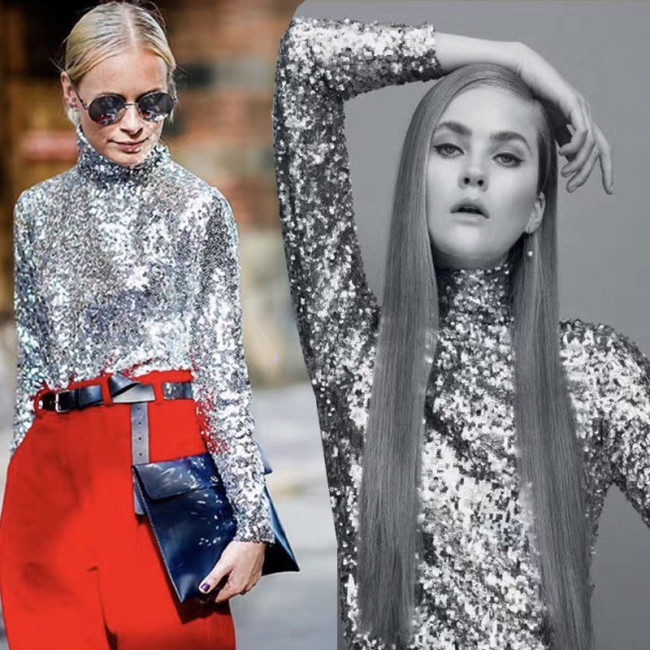 Cross border New European and American Women's Wear Amazon Bottom High Collar Versatile Style Sequin Long sleeved Top