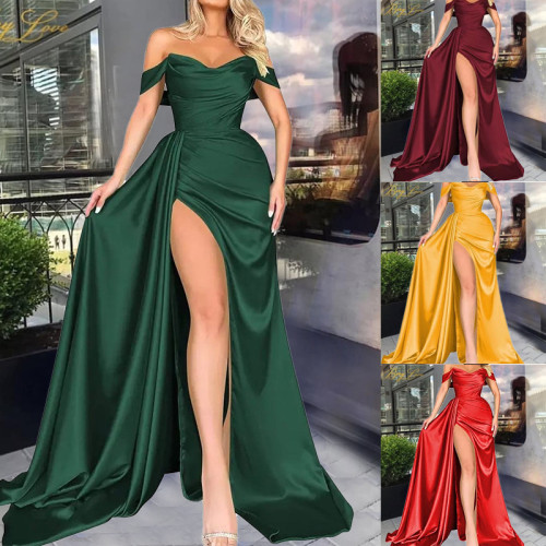 Direct sales cross-border foreign trade banquet high slit sexy host one shoulder slimming party evening dress
