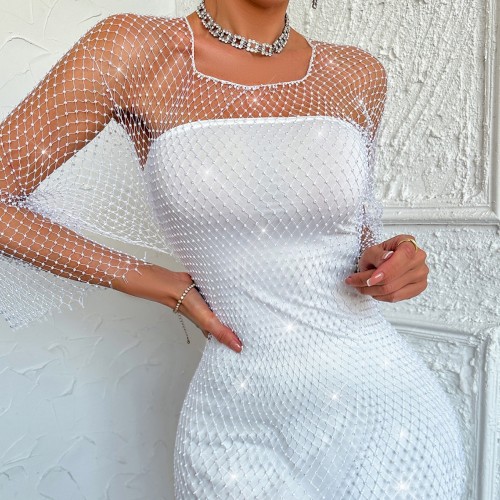 New cross-border Amazon fishing net rhinestone handmade sexy hollow out temperament women's dress