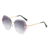 New diamond studded frameless cut edge sunglasses, stylish sunglasses, women's big face slimming glasses, UV resistant