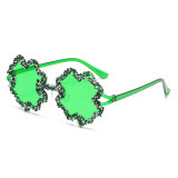 New cross-border diamond inlaid transparent jelly colored four leaf clover sunglasses for men and women, sunglasses, European shaped integrated rhinestone glasses