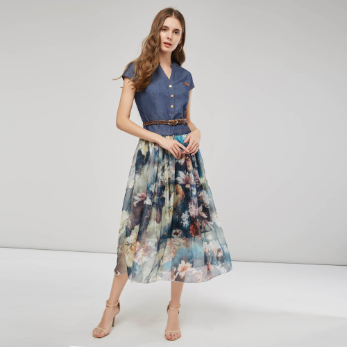 Summer New Cross border European and American Women's Clothing Amazon Dress Denim Print V-neck Slim Fit Skirt