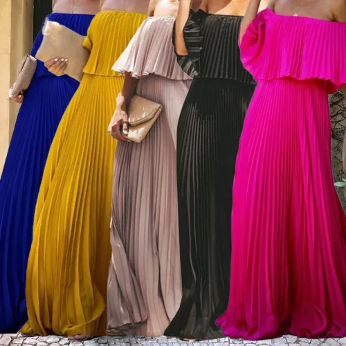 New European and American Women's Dress Cross border Sexy Off Shoulder One Shoulder Folded Chiffon Evening Dress