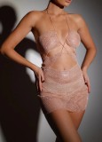 Cross border European and American supply backless nightclub style sexy fishing net with waistband and neck strap dress