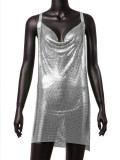 European and American backless metal sequin sexy suspender V-neck hanging neck with diamond chain, nightclub slit dress