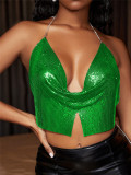 Summer short suspender slim fit nightclub style backless European and American black metal sequin vest