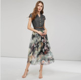 Summer New Cross border European and American Women's Clothing Amazon Dress Denim Print V-neck Slim Fit Skirt
