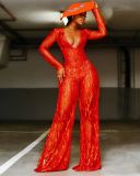 New cross-border European and American women's clothing in spring and summer, Amazon Wish jumpsuit with golden deep V bright red wide leg pants