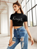 Instagram Cross border Hot selling Fashion Letter Hot Diamond Open Navel Round Neck Backed Short Sleeve T-shirt Women's Wear