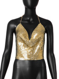 European station foreign trade women's clothing low cut backless metal sequin lace up suspender deep V exposed navel vest women's clothing
