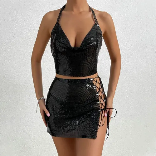 European and American cross-border hot selling sequin short edition sleeveless backless round neck vest nightclub sexy clothing set
