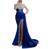 New Amazon Women's Dress for European and American Foreign Trade, Blue Splash Gold Split Splitting Half High Neck Evening Dress