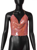 European station foreign trade women's clothing low cut backless metal sequin lace up suspender deep V exposed navel vest women's clothing