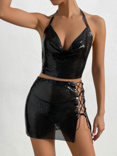 European and American cross-border hot selling sequin short edition sleeveless backless round neck vest nightclub sexy clothing set