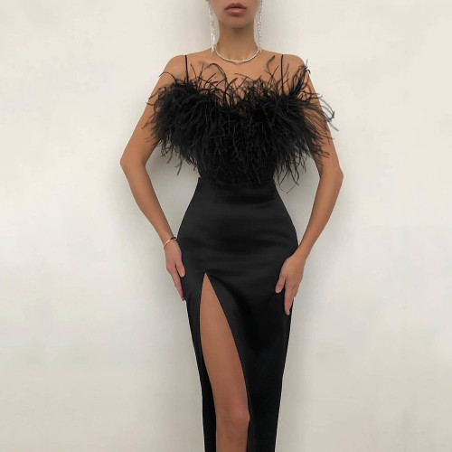 Cross border New Spring/Summer European and American Women's Wear Hanging Feather Dress Banquet Slim Fit Style Slim Wrapped Arm Dress