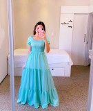 Cross border New Spring/Summer European and American Women's Dress One Shoulder Fragmented Flower Dew Shoulder Long Colored Fairy Dress