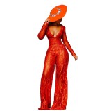 New cross-border European and American women's clothing in spring and summer, Amazon Wish jumpsuit with golden deep V bright red wide leg pants