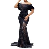 New cross-border European and American women's clothing Amazon dress, one shoulder sequin slim fit, buttocks wrapped mermaid evening dress