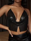 Summer short suspender slim fit nightclub style backless European and American black metal sequin vest