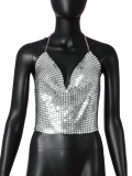 European station foreign trade women's clothing low cut backless metal sequin lace up suspender deep V exposed navel vest women's clothing