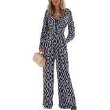 Autumn and winter cross-border eBay European and American women's jumpsuit trend geometric diagram printed V-neck slim fit long sleeved pants