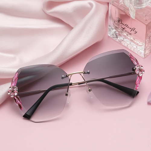 New diamond studded frameless cut edge sunglasses, stylish sunglasses, women's big face slimming glasses, UV resistant