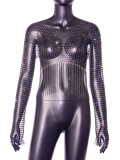 Fishing Net New Cross border European and American Women's Sexy Explosive Hollow Grid Water Diamond Tassel Top