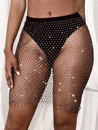 AliExpress Hot selling Nightclub Sexy European and American Women's Wear Shining Diamonds Handwoven Fishing Net Bikini Skirt