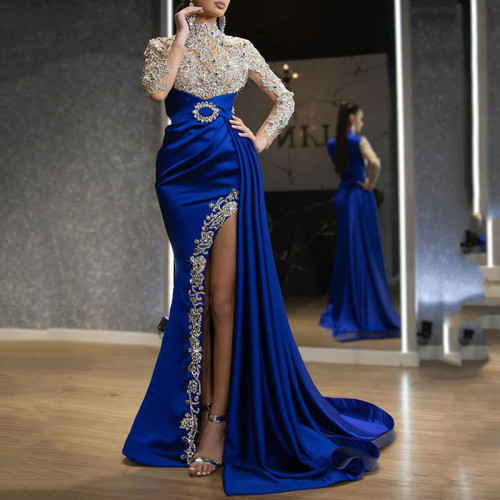 New Amazon Women's Dress for European and American Foreign Trade, Blue Splash Gold Split Splitting Half High Neck Evening Dress