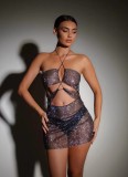 Cross border European and American supply backless nightclub style sexy fishing net with waistband and neck strap dress