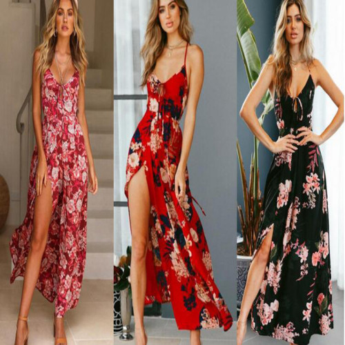 Spring/Summer Cross border New Wish European and American Dresses Printed Large hem Split Slim Fit Slim Strap Low cut Long Dress