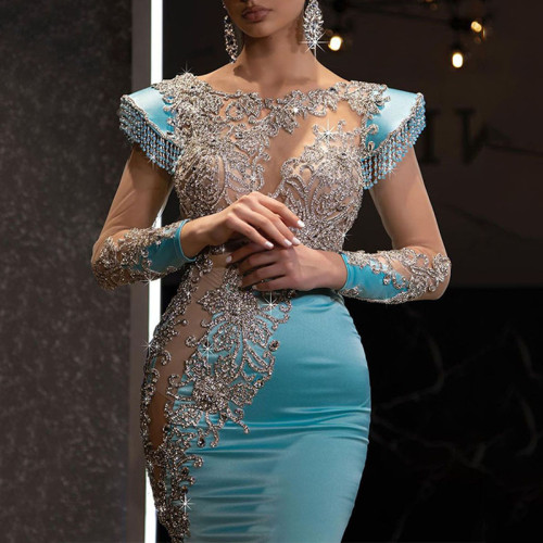 New Daily Light Blue Fishtail Dress Banquet President's Sand Gold Series Slimming Elegance Annual Meeting Evening Dress for Women
