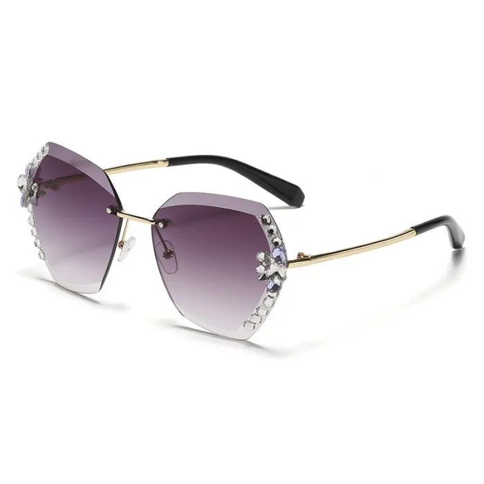 Cross border rhinestone frameless cut edge sunglasses for women's Instagram high-end, large face slimming, UV resistant diamond studded sunglasses