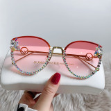 New diamond studded cat eye retro sunglasses, large frame sunglasses, women's metal leg hollowed out cross-border sunshades