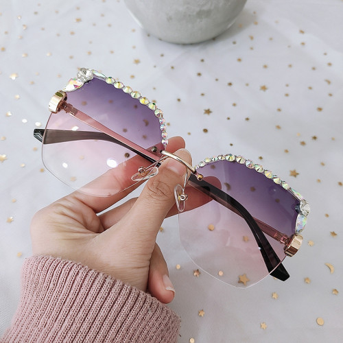 Diamond inlaid new cross-border frameless crystal cut polygonal glasses UV resistant sunglasses for women retro trendy sunglasses